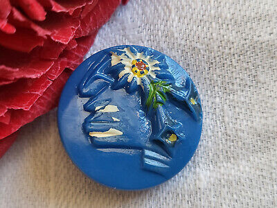 Bouton ancien en verre bleu peint montagne fleur edelweiss  2,3 cm G13O