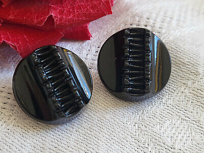 Duo boutons anciens en verre noir fort relief à pied 1,7 cm ref 5269