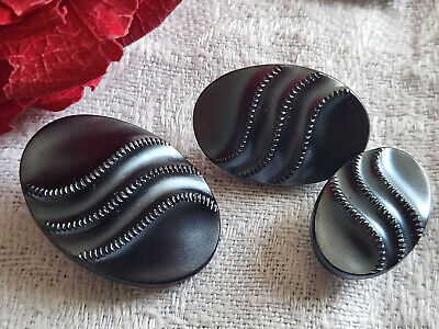 Trio boutons anciens en verre gris anthracite modéle identique ovale D16D 