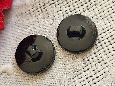 Duo boutons anciens en verre noir et argenté travaillé pied 1,7 cm G4I