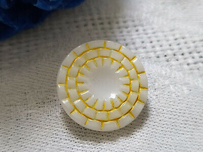 Bouton ancien en verre blanc motif mosaïque jaune   1,8 cm vintage G8D