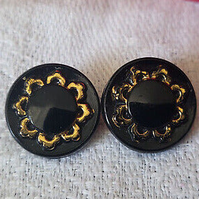 Duo boutons anciens en verre noir et doré petits diamètre  1,2 cm G9C