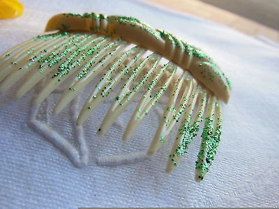 Ancien peigne vintage crème paillette verte hair combs jamais utilisé 