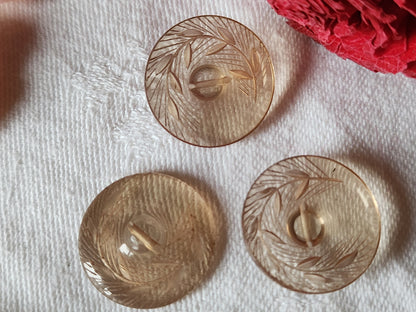 Trio boutons vintage lucite ciselé transparent pied 2 cm D4O