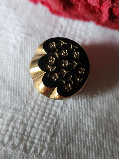 Ancien bouton en verre noir doré motif fleur pied 1,7 cm D4E