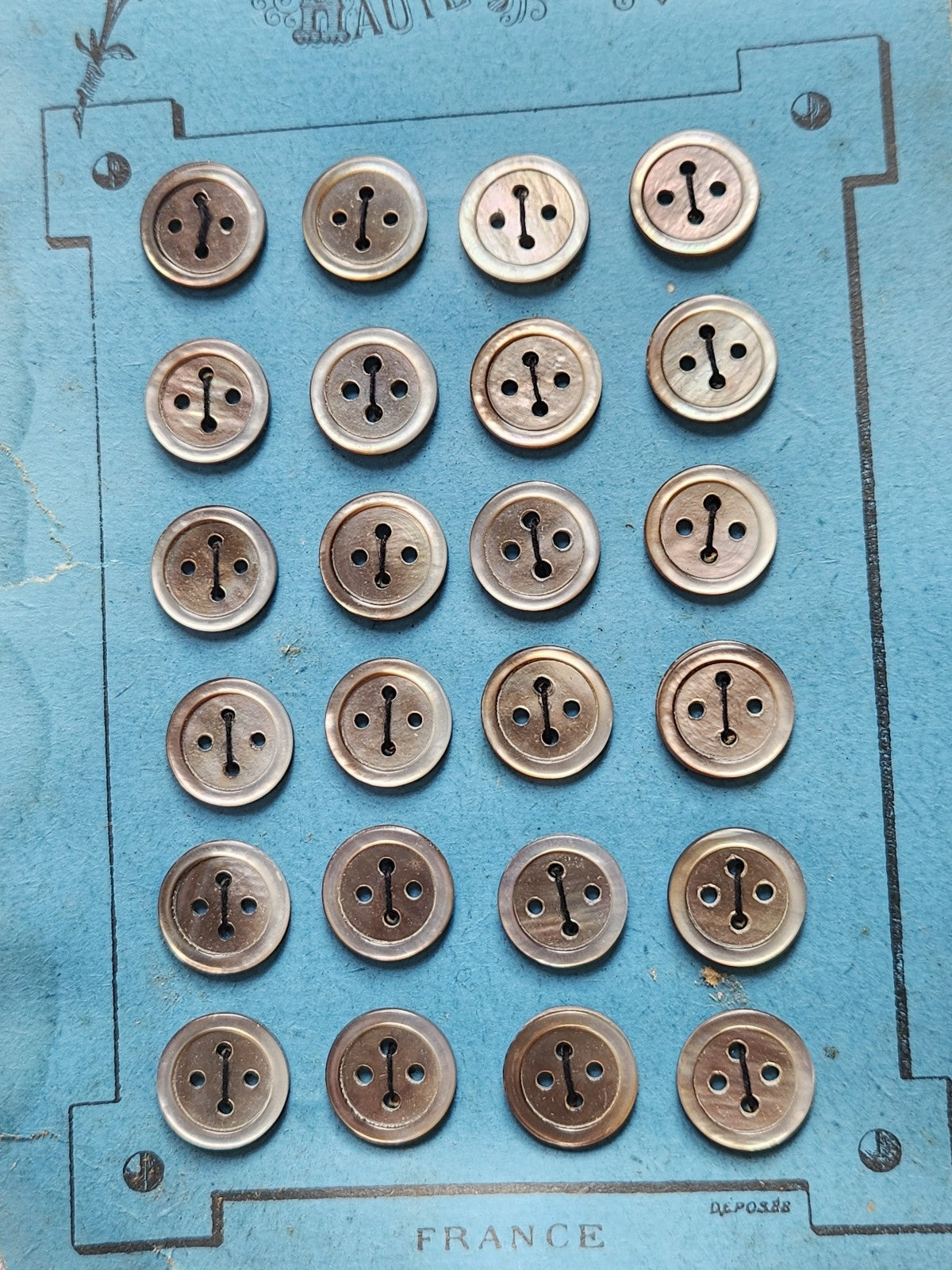 Plaque 24 boutons anciens en nacre gris 1,2 cm année 20/30 N°8