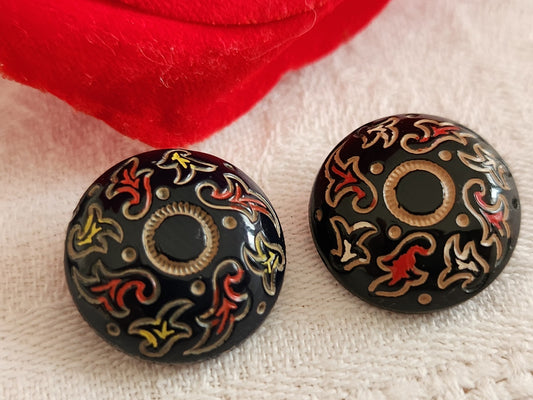 Duo boutons anciens en verre bleu et noir peint à pied   1,7 cm G18B