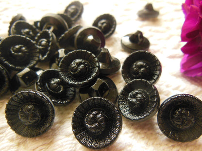 Lot 10 boutons anciens en verre noir travaillé à pied effet tissé 1,3 cm TA