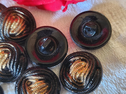 Lot 6 boutons ancien en verre noir doré imitation passementerie 1,7 cm ref 737