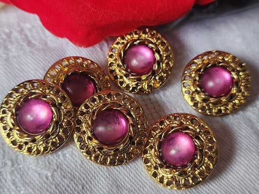Lot 6  boutons vintage metal doré coeur effet strass rose 1,7 cm pied ref 2249