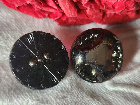 Duo boutons anciens en verre noir argenté vintage 1,8 cm G19D