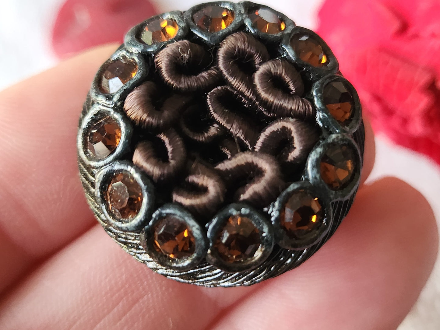 gros bouton vintage résine et passementerie marron strass verre 2,9 cm ref 3685