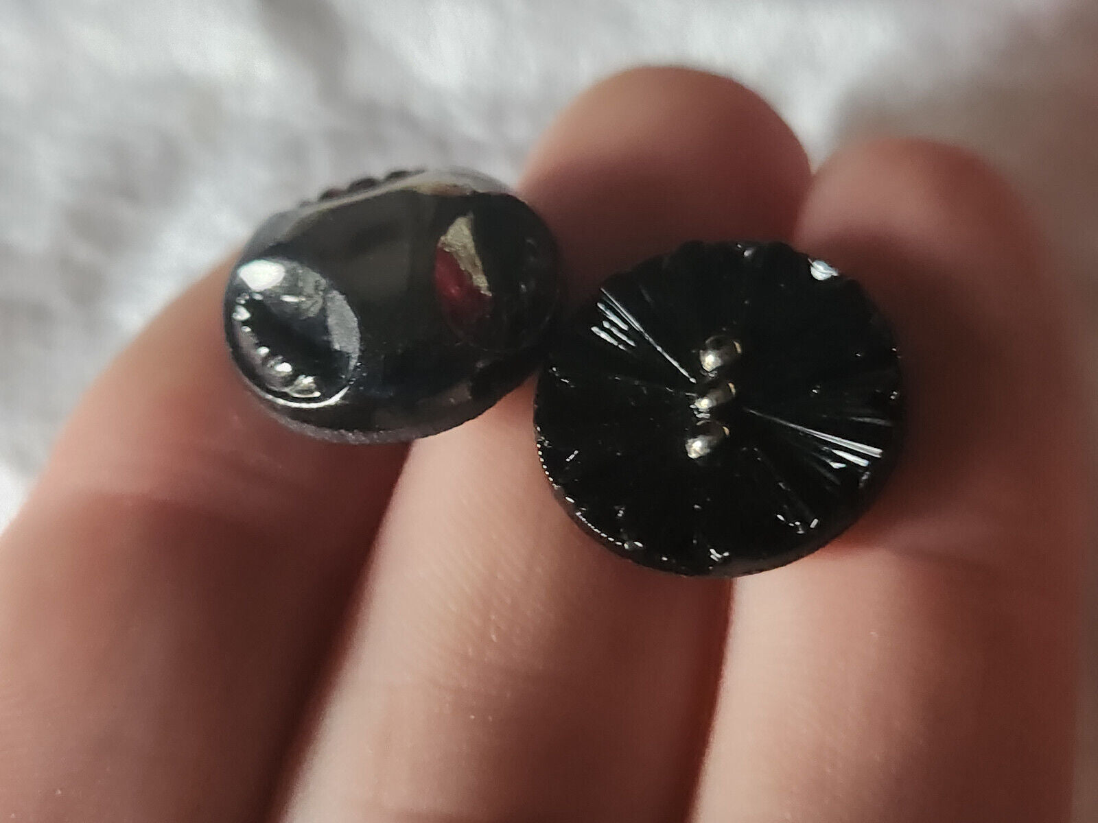 Duo boutons anciens en verre noir argenté vintage 1,8 cm G19D