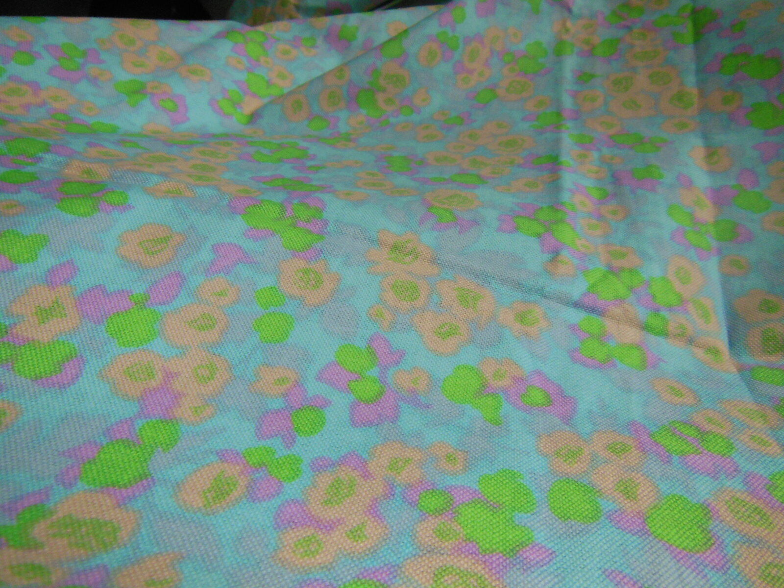 Ancien coupon tissu vintage bleu vert saumon fleur 1 m 90 sur 1 mètre B6