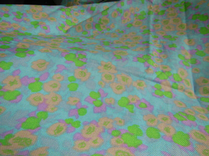 Ancien coupon tissu vintage bleu vert saumon fleur 1 m 90 sur 1 mètre B6