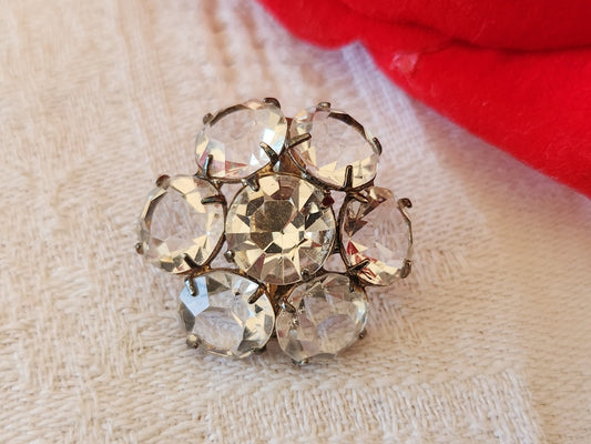 Superbe bouton vintage fleur strass verre métal argenté 2,2 cm ou 22 mm D14K