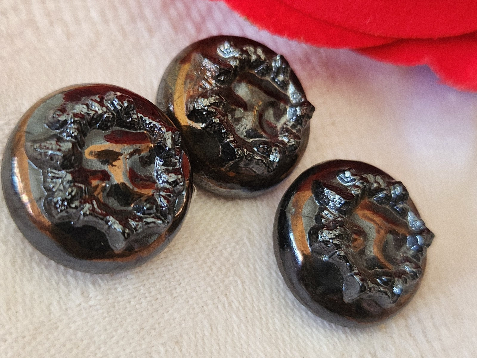 Trio boutons anciens en verre noir cuivré vintage 1,8 cm G2F