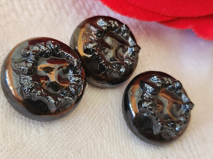 Trio boutons anciens en verre noir cuivré vintage 1,8 cm G2F