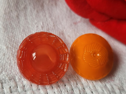 Duo boutons anciens en verre  orange  motif vintage 1,7 et 1,8 cm D9C