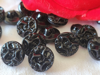Lot 6 boutons anciens en verre noir travaillé vintage pied 1,3 cm ref 3852