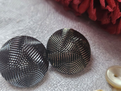 Duo boutons ancien en verre gris strié  diamètre 1,8  cm G10H