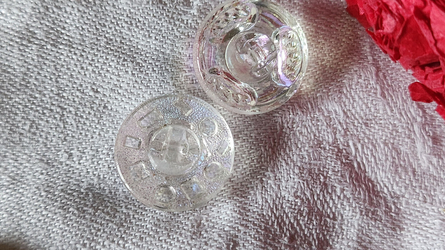 Duo boutons anciens en verre transparent mordoré rose 1,8 cm D16D