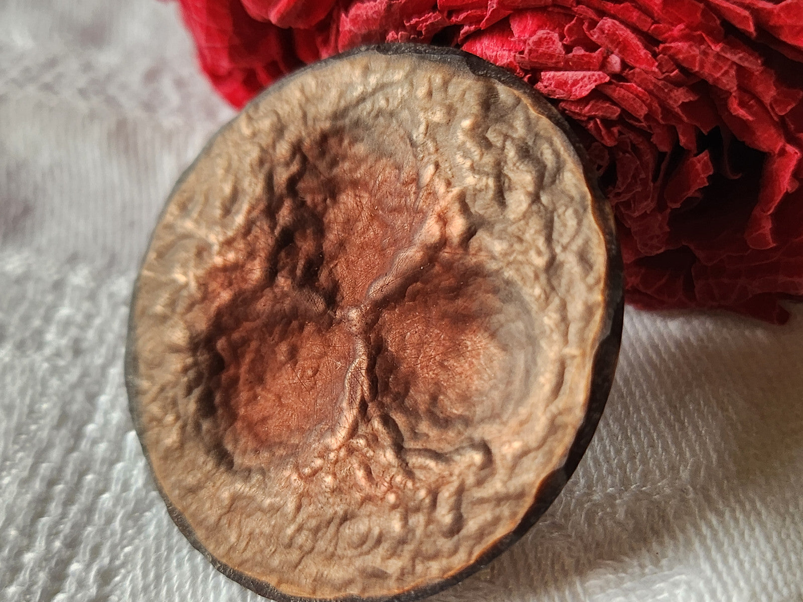 Enorme bouton vintage gros marron cuivré texturé 3,8 cm pied ref 2139