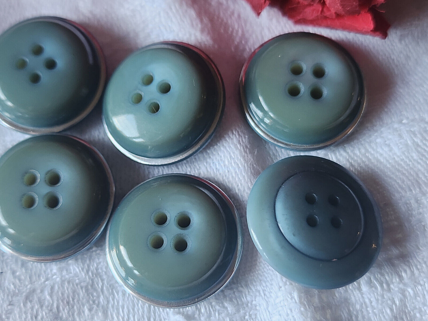 Lot 6 boutons vintage bleu argenté trous bombé 2,1 cm ref 2370