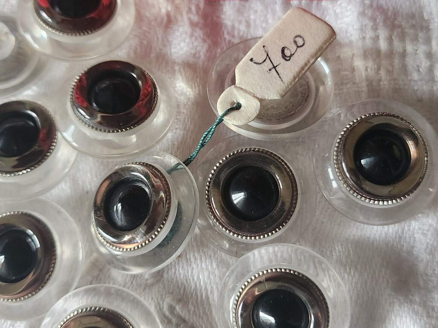 Lot 5 boutons vintage dome transparent noir argenté pied 2 cm ref 5613