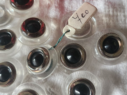 Lot 5 boutons vintage dome transparent noir argenté pied 2 cm ref 5613