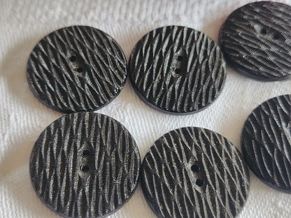 Lot 6 boutons anciens en verre noir strié trous 2,3 cm ref 1573