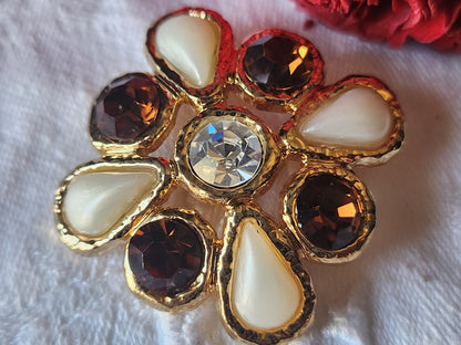 Enorme bouton vintage kitch doré plastique strass en verre 3,8 cm ref 5539
