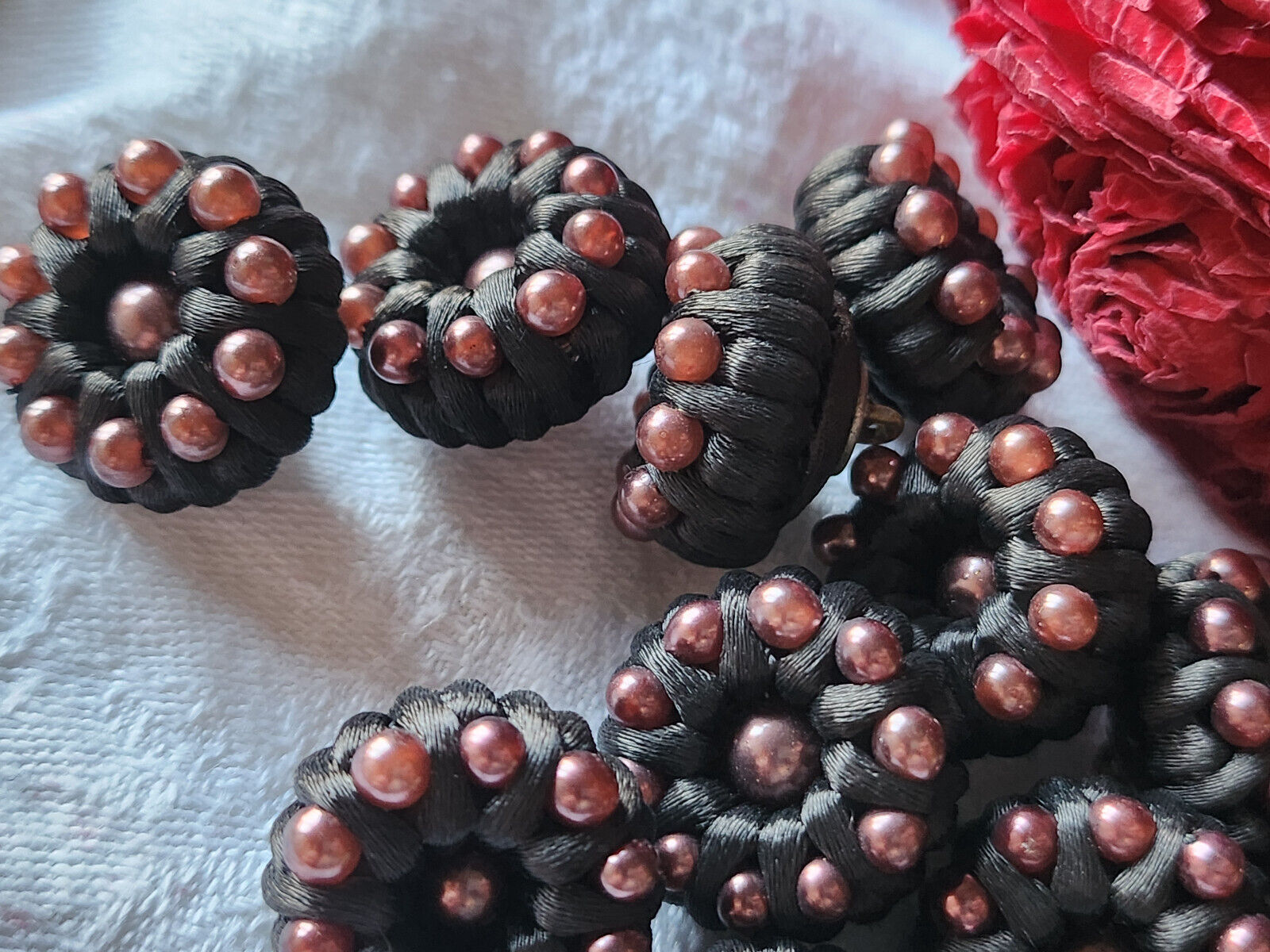 Lot 6 boutons anciens vintage passementerie marron perlé 1,9 cm ref 2944