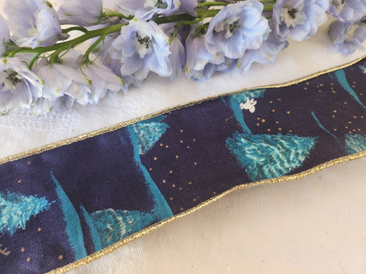 Large galon ruban  vintage sur 6,4 cm sapin bleu bord fil métal  2 métres B9