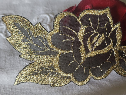 broderie vintage longue rose noire et doré application 14,5 cm T1