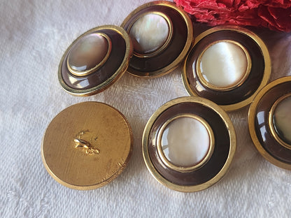 Lot 6 boutons anciens en metal coeur en nacre marron 2,2 cm ref 3769