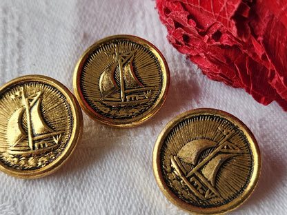 Trio boutons vintage en métal doré theme marin bateau voilier 1,8 cm G13L