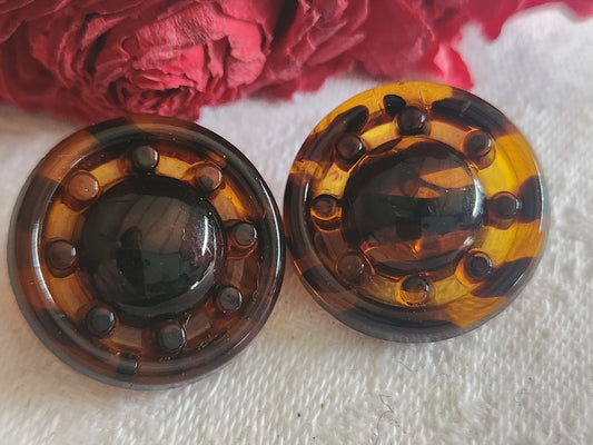 Duo gros boutons vintage en verre  marron effet écaille 2,2 cm G8R