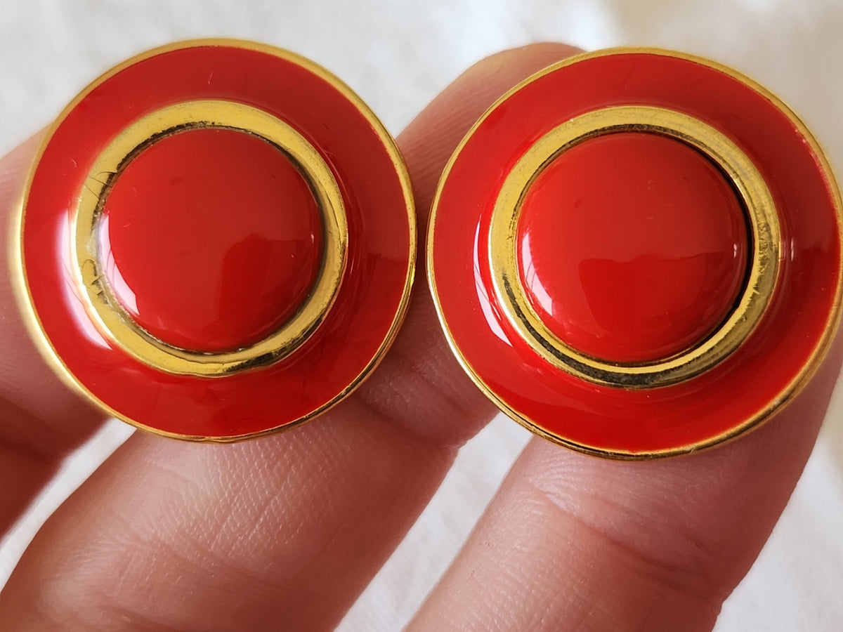 Trio gros boutons vintage en metal émaillé rouge doré  2,7 cm lourd ref 6607