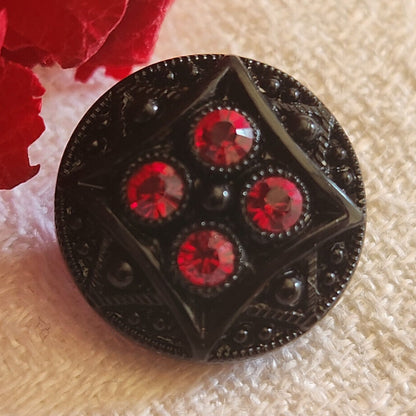 Bouton ancien en verre noir avec strass  vintage rouge   1,7 cm G12I