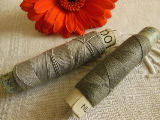 Duo grosses bobines ancienne fil gris  couture mercerie ancien 