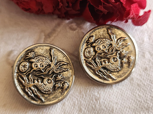 Duo anciens bouton ancien en métal motif poisson 2,2  cm D14P