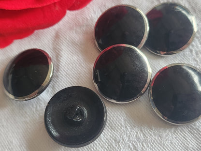 lot 6 gros boutons ancien en verre noir argenté  bombé lisse 2,2 cm ref 2877