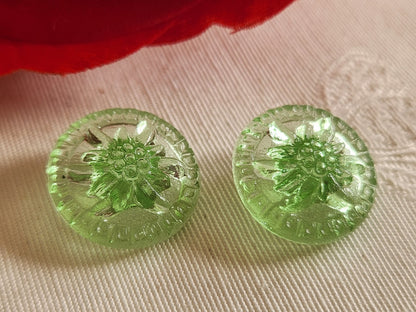 Duo boutons anciens en verre vintage fleur vert 1,8 cm ou 18 mm G7G