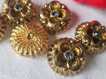 Lot 5 boutons vintage en métal doré volume coeur strass bleu 1,5 cm ref 3887