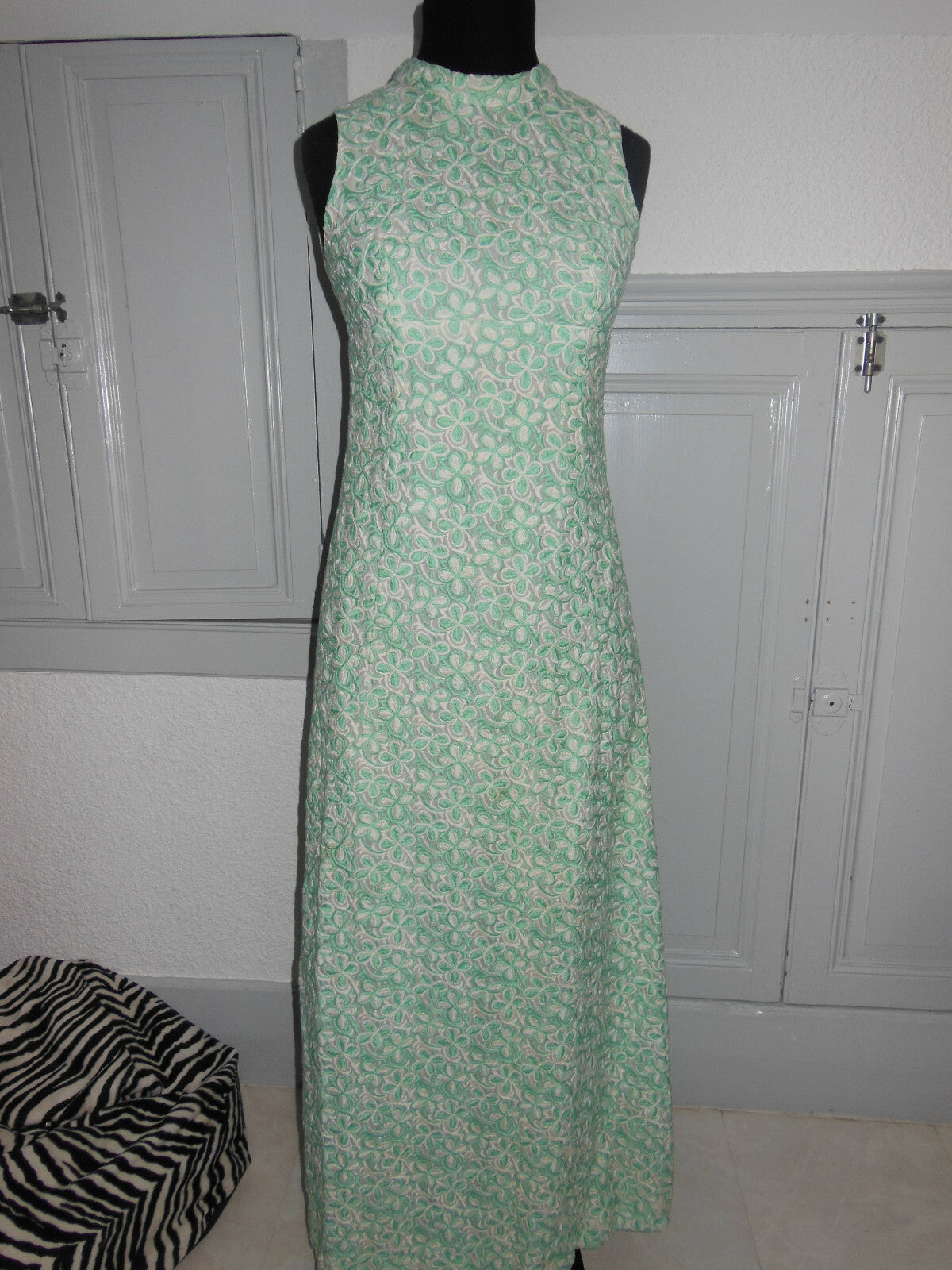 Pur vintage robe longue année 60 style mousseline motif vert T36 Ref PORT
