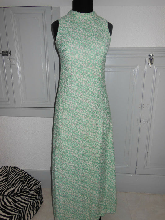 Pur vintage robe longue année 60 style mousseline motif vert T36 Ref PORT
