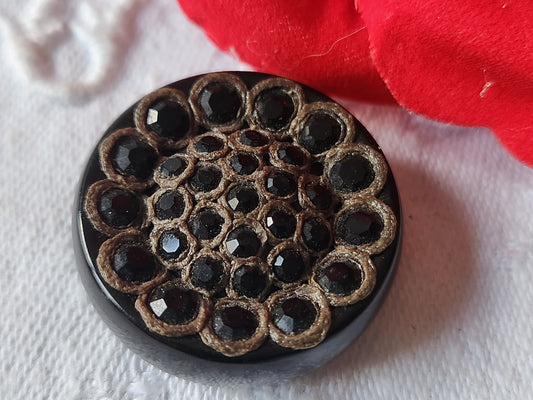 Bouton vintage parurier collection resine strass noir bijoux  2,7 cm D13Q