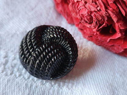 Bouton ancien en verre noir argenté effet tissé bombé pied 2,1 cm D7N