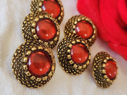 Lot 6  boutons vintage metal doré coeur effet strass rouge 2,1 cm pied ref 3866
